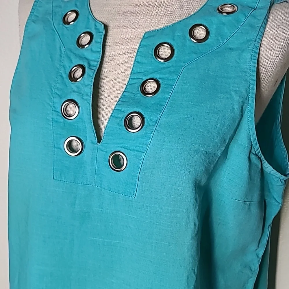 Top Size Large Turquoise Blue Linen Sleeveless Vacation Travel Casual Beach Cute - Picture 3 of 6
